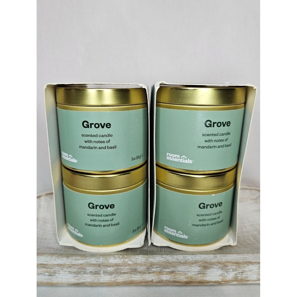 NWT Room Essentials Grove Scented Candles 2 Pack Mandarin Basil Gold Tin Set